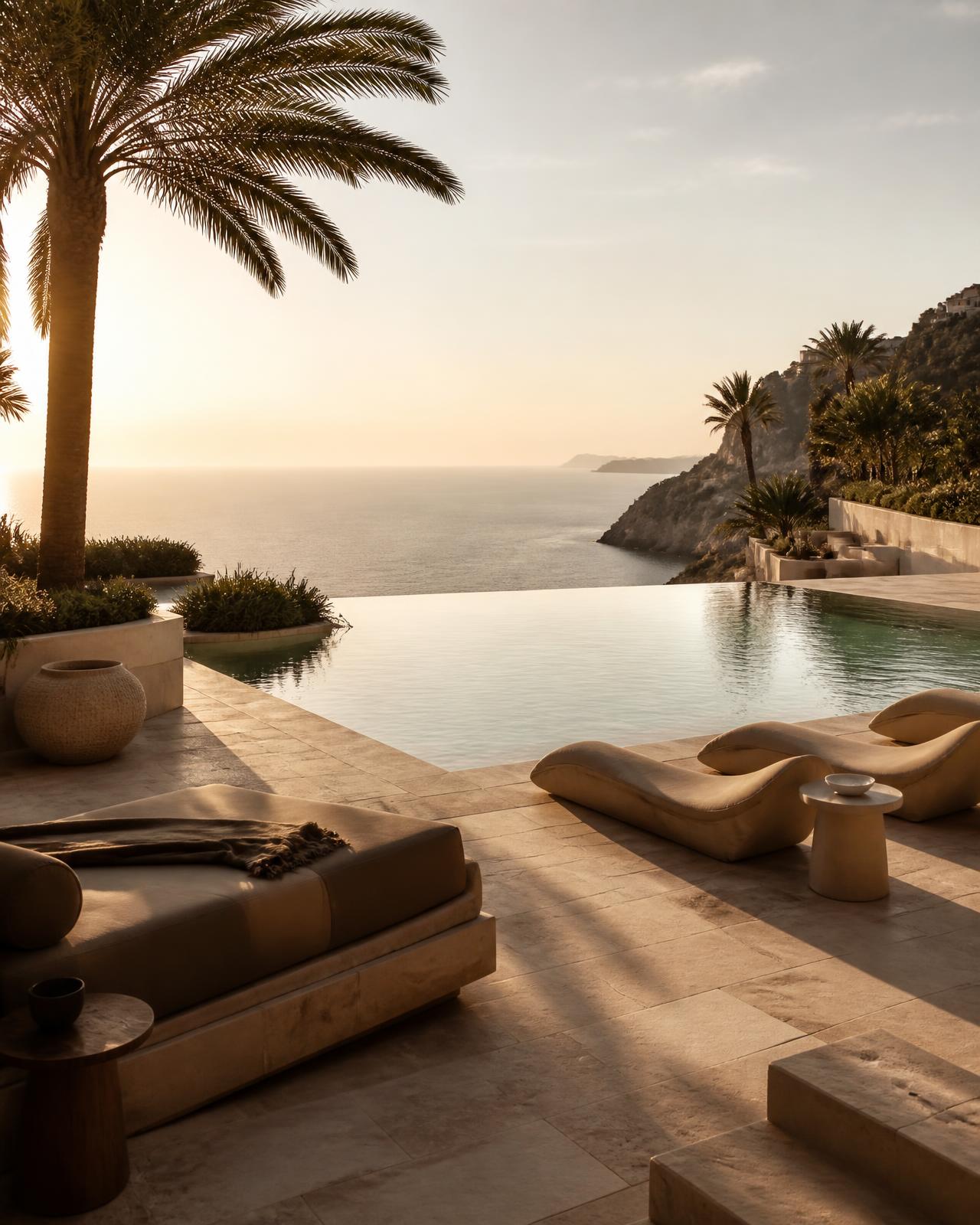 Luxury resort infinity pool overlooking the sea at golden hour